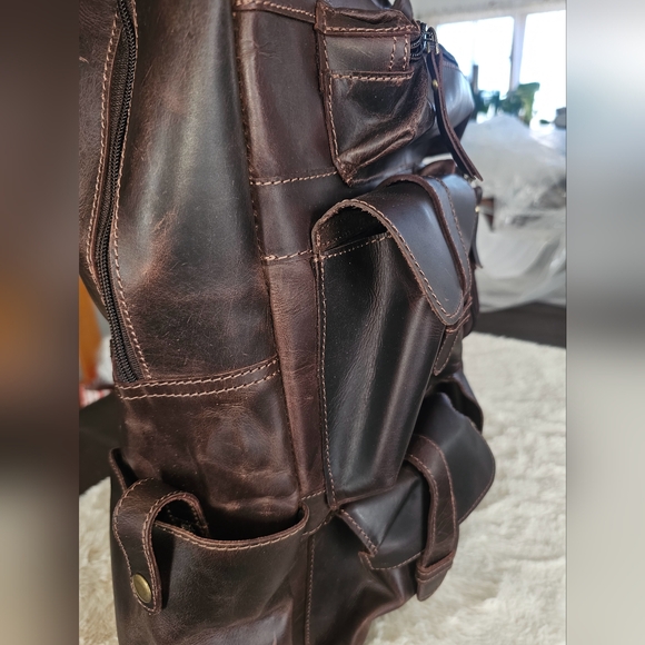 Brown Genuine Leather Backpack with Multiple Pockets - Picture 3 of 13